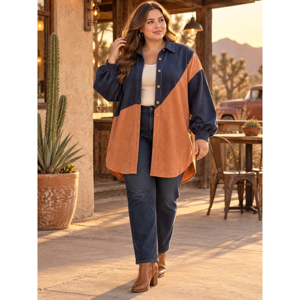 Western Boho Colorblock Corduroy Shirt Dress Blk Tan 1XL Retro Cowgirl Oversized